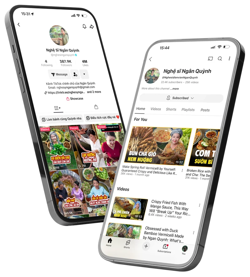 Hai điện thoại hiển thị kênh TikTok và YouTube của nghệ sĩ Ngân Quỳnh