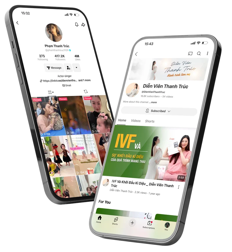 Hai điện thoại hiển thị kênh TikTok và YouTube của diễn viên Thanh Trúc